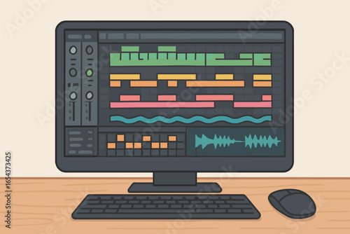 Music production software on a desktop computer screen. Digital audio workstation for creating electronic music. Concept of home studio, recording, mixing, and composing songs.