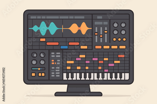 Electronic music production software on computer screen. Vector illustration of a Digital Audio Workstation (DAW) interface with sound waveform, sequencer, and piano roll.