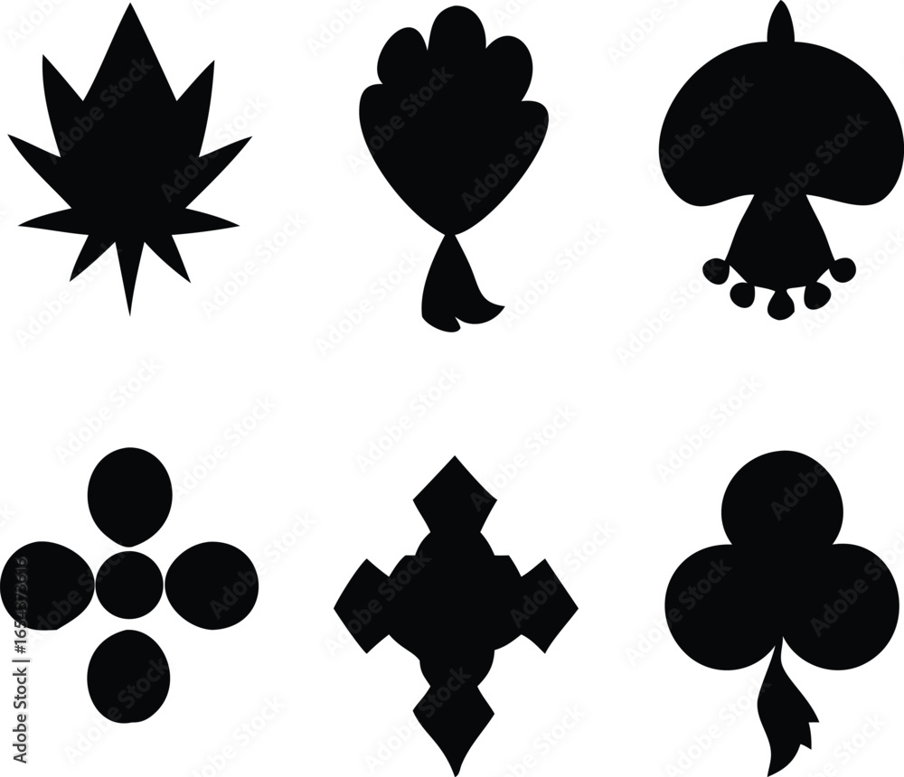 Fototapeta premium A Collection of Whimsical Black Silhouettes Diverse in Shape and Form Arranged Neatly on a White Canvas
