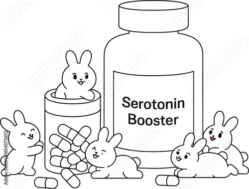 Illustration of serotonin booster bottle with pills and cute cartoon rabbits around it in black and white