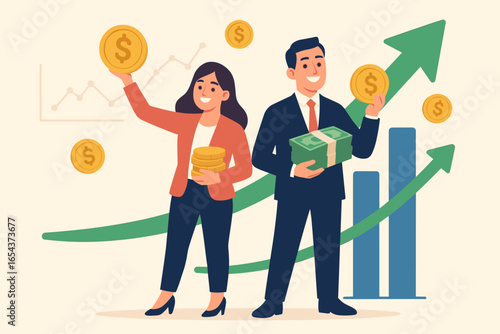 Financial success concept. Successful business couple making money. Man and woman with cash in front of rising chart and graph. Investment growth, profit, and wealth metaphor.