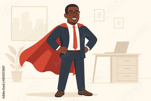 Ethnic businessman superhero. African-American man with red cape standing proud in office. Brave hero character. Business winner, leadership, success, and power concept.