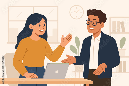 Friendly workplace concept. Two colleagues smiling, talking together at work in an office. Teamwork and communication concept. Man and woman discussing project. Business cooperation.
