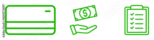 Green Line Icons: Credit Card, Cash Payment, Checklist;  Financial Transaction, Budget Planning,  Expense Tracking,  Simple, Modern Design, Positive,  Successful Business Concept.