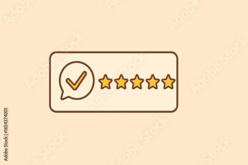 Five star rating vector illustration. Customer review with positive feedback for best quality. Client satisfaction survey concept. Excellent service experience with check mark icon.