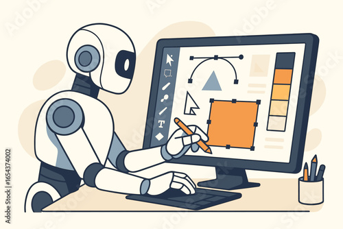 AI design concept. Artificial intelligence robot designer at work. Cyborg creating vector graphics on computer with a pen tablet. Future of creative automation. Flat design.