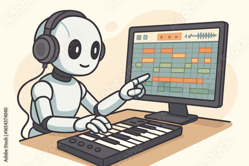 AI music concept. Vector illustration of an artificial intelligence robot making music on a computer. A cute futuristic character composing with midi software and a keyboard.
