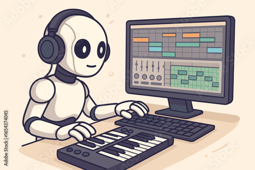 AI music production concept. Robot composer with headphones creating electronic music on a computer with DAW software. Future of audio engineering and generative art technology.