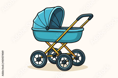 Blue baby carriage for a newborn boy. Vector cartoon illustration of a baby pram or stroller for infant transportation. Isolated graphic design element for childcare or parenthood concepts.