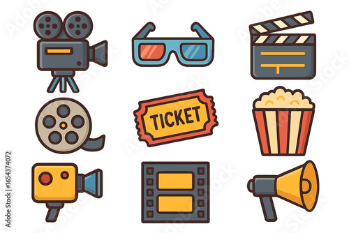 Cinema and movie icon set. Film production and entertainment equipment collection. Vector cartoon illustration of a camera, 3D glasses, ticket, popcorn, clapperboard, film reel.