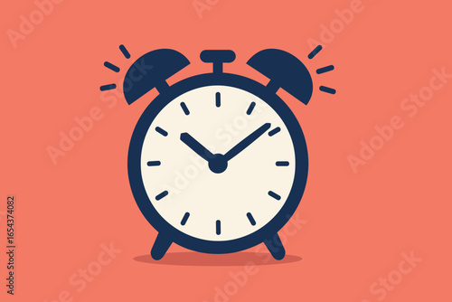 Alarm clock vector illustration. Dark blue ringing wake-up clock on a coral background. Concept for morning, time management, deadline, alert, schedule, and reminder. Retro flat icon.