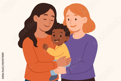 Happy lesbian couple with adopted child. Gay parents holding their baby. Interracial LGBT family. Two moms with son. Motherhood, tolerance, love and diversity concept design.
