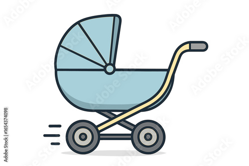 Baby stroller moving fast. Blue pram for a newborn boy. Vector cartoon illustration of a pushchair in motion. Concept for child care, parenting, baby shower, and infancy.