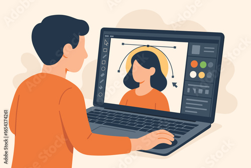 Graphic designer working on laptop computer. Man creating vector illustration in software. Artist drawing digital portrait. Creative process concept with character design on screen.