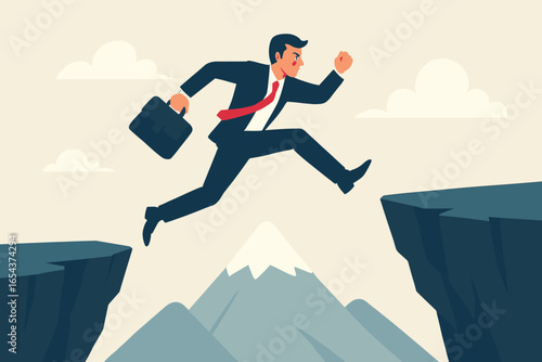 Businessman jumping over cliff gap. Business risk, courage and success concept. Conquering adversity metaphor. Man taking a leap of faith. Challenge and solution. Vector