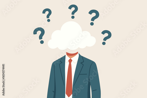 Head in the clouds concept. Businessman with a cloud for a head surrounded by question marks. Metaphor for being distracted, daydreaming, confusion, uncertainty, and dementia.