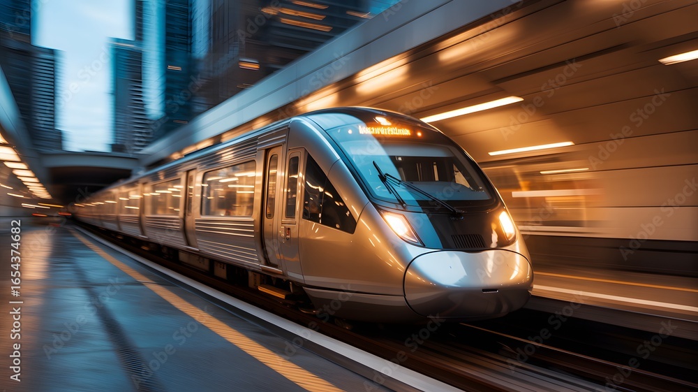 Fototapeta premium A sleek, modern train speeds through a well-lit urban station, capturing the essence of efficient city transit.