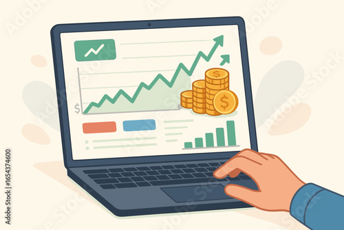 Online investing and stock market trading concept. Laptop with investment webpage showing profit chart, financial graph and coins. Digital finance, business growth vector.
