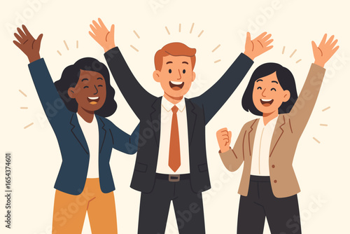 Happy diverse business people celebrating success. Teamwork achievement concept. Group of cheerful multiethnic colleagues with hands up. Corporate victory and collaboration. Vector.