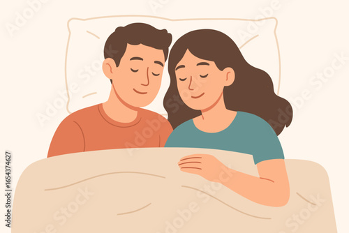Couple sleeping together in bed. Man and woman faces resting on a pillow under a blanket. Concept of love, relationship, comfort, family, relaxation, and healthy sleep.