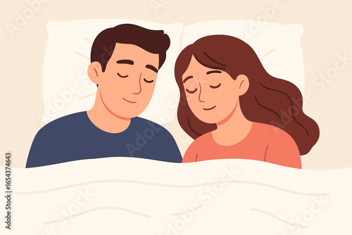 Peaceful young couple sleeping together in bed under a cozy blanket with heads on pillows, representing sleep health, relaxation, rest, and intimate comfort, top view vector.