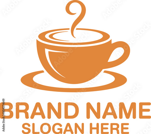 Illustration of a coffee cup with steam above it and brand name and slogan text below it in orange