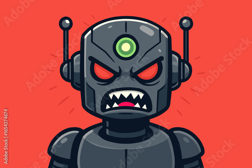 Dangerous AI concept with angry evil robot head on red background. Vector illustration of a furious machine showing rage. Artificial intelligence threat and technology takeover metaphor.
