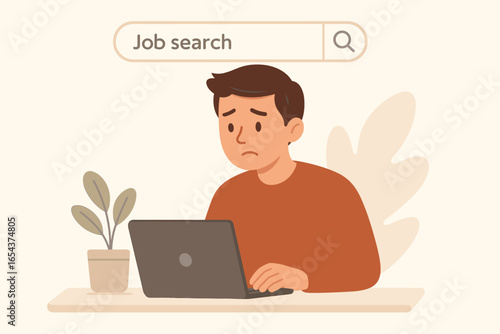 Sad unemployed man searching for job online on laptop. Unemployment, looking for work concept. Recruitment and hiring online. Career crisis. Flat vector illustration.