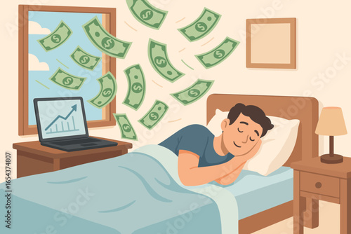 Passive income concept. Earn money while sleeping. Man in bed dreaming of success. Money flying in window. Laptop with growing investment chart. Financial freedom metaphor.