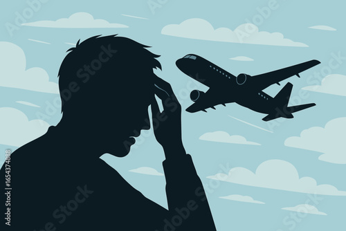 Concept of fear of flying, aerophobia. Silhouette of a stressed man with flying anxiety watching a plane. Mental health disorder, panic attack, travel phobia vector illustration.