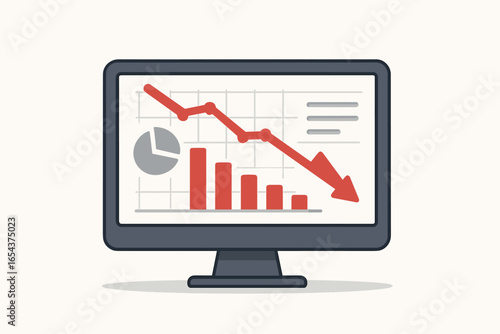 Financial loss and economic crisis. Computer screen with declining graph, chart and red arrow down. Concept for stock market crash, recession, business failure, investment.