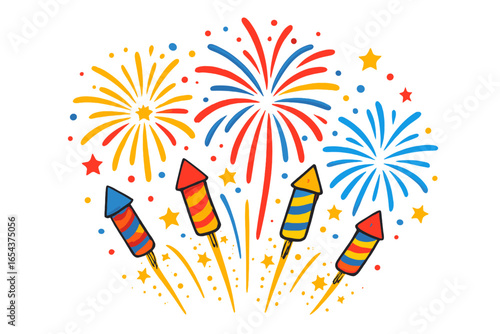 Colorful fireworks display with launching rockets. Festive celebration concept for party, holiday, New Year, 4th of July. Cartoon vector illustration. Isolated firecracker burst.