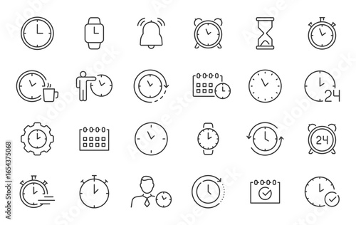 Time and Clock web icons in line style. Calendar, timer, time, stopwatch, countdown, collection. Vector illustration.