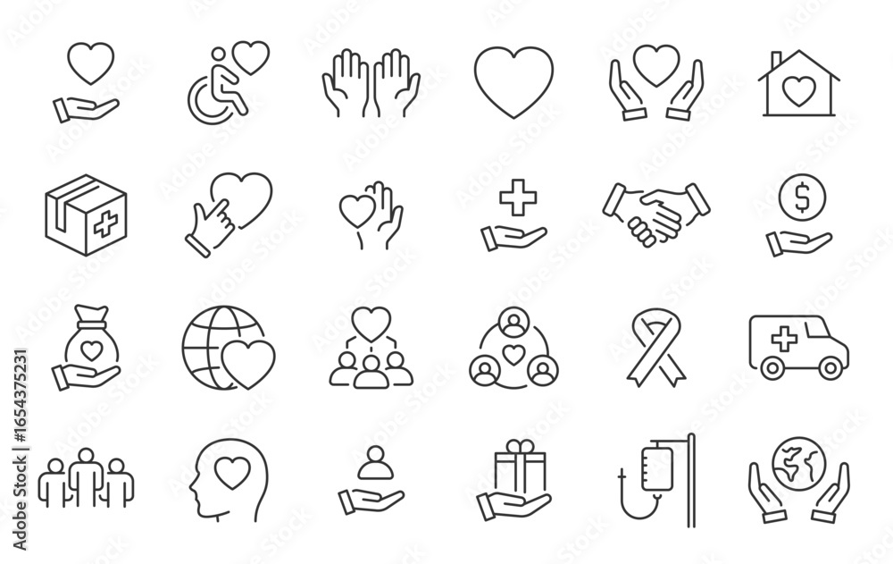 Fototapeta premium Volunteering and charity web icons in line style. Donate, donor, doctor, care, help, support, collection. Vector illustration.