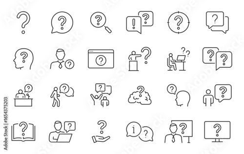 Question web icons in line style. Question mark, insecure person, confused, quiz question, collection. Vector illustration.