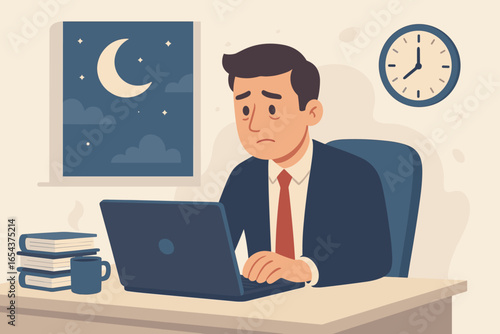 Tired businessman working overtime. Man in office works late on computer. Concept of burnout, stress, deadline, professional pressure, overwork, workload. Sad employee vector.