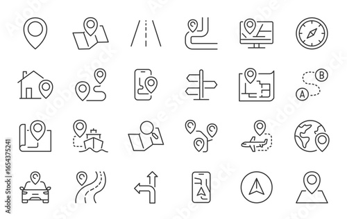 Route web icons in line style. Navigation, location, route map, traffic, pin, collection. Vector illustration.