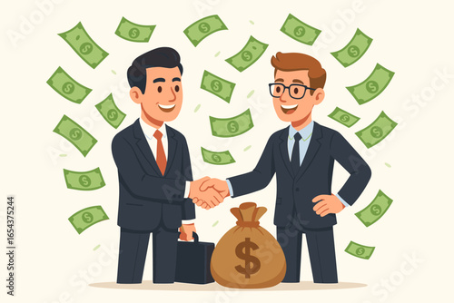 Two businessmen shaking hands over a profitable great deal. Concept of business sale, partnership, and financial success. Money rain and bag of cash. Investment vector.