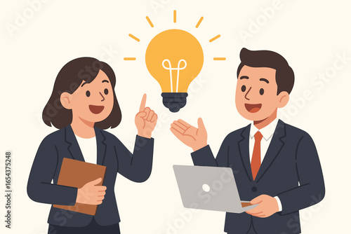 Great idea. Business teamwork concept. Man and woman with light bulb. Brainstorming, innovation, solution. Happy colleagues working together. Creative thinking. Flat vector.
