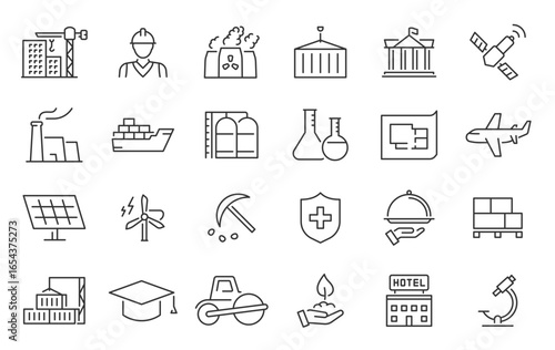 Industry web icons in line style. Mass production, manipulator, factories, mine, collection. Vector illustration.