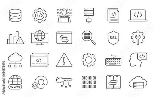 Programming and coding web icons in line style. Information technology, developer, idea, advertising, app, archive, collection. Vector illustration.