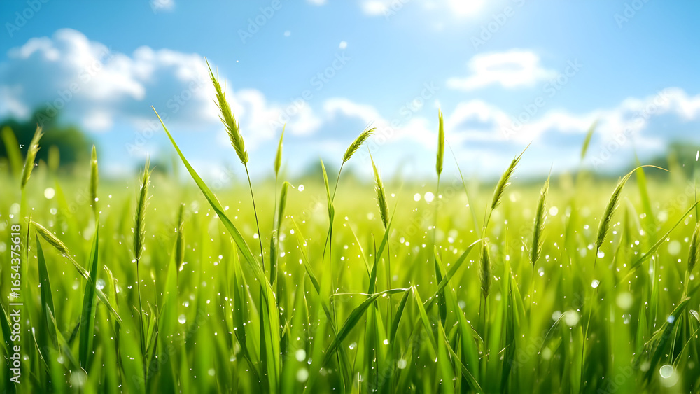 Obraz premium A field of vibrant green grass with water droplets glistening under a bright blue sky and fluffy clouds