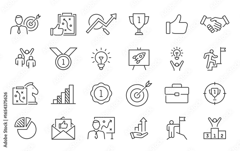 Fototapeta premium Success web icons in line style. Handshake, growth profit, innovation, increase sale, coaching, progress, strategy, achievment, collection. Vector illustration.