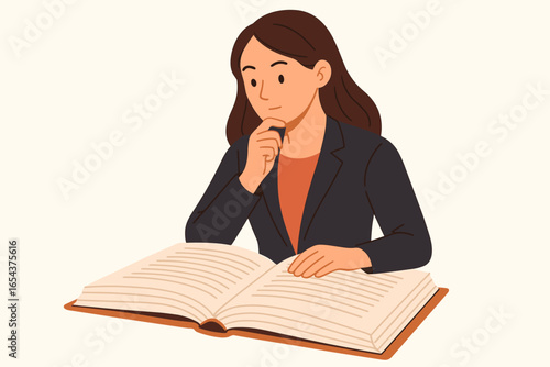 Businesswoman reading a large book. Learning business and gaining knowledge. Concept for career development, self education and improvement. Woman thinking. Professional student studying.