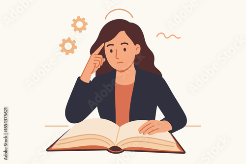 Businesswoman reading book, thinking and learning. Career development and self education concept. Female professional studying, gaining knowledge. Idea and problem solving.