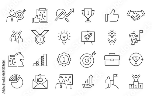 Success web icons in line style. Handshake, growth profit, innovation, increase sale, coaching, progress, strategy, achievment, collection. Vector illustration.
