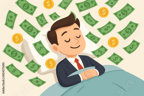 Making money while sleeping and generating passive income. Relaxed businessman sleeps in bed while earnings, profit, and compound interest rain down. Return on investment.