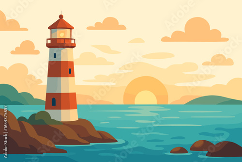Vector cartoon lighthouse on the sea coast at sunset. Beautiful seaside landscape with beacon on a cliff. Ocean horizon background. Concept of navigation, safety, hope.