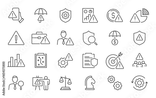 Risk Management web icon set in line style. Risk analysis, risk investment, minimizing losses, plan, low cost, collection. Vector illustration.