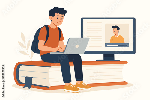 Male student character sitting on giant book working on laptop. Online education, e-learning, distance learning concept. Boy studying, doing homework for school. Flat design vector.